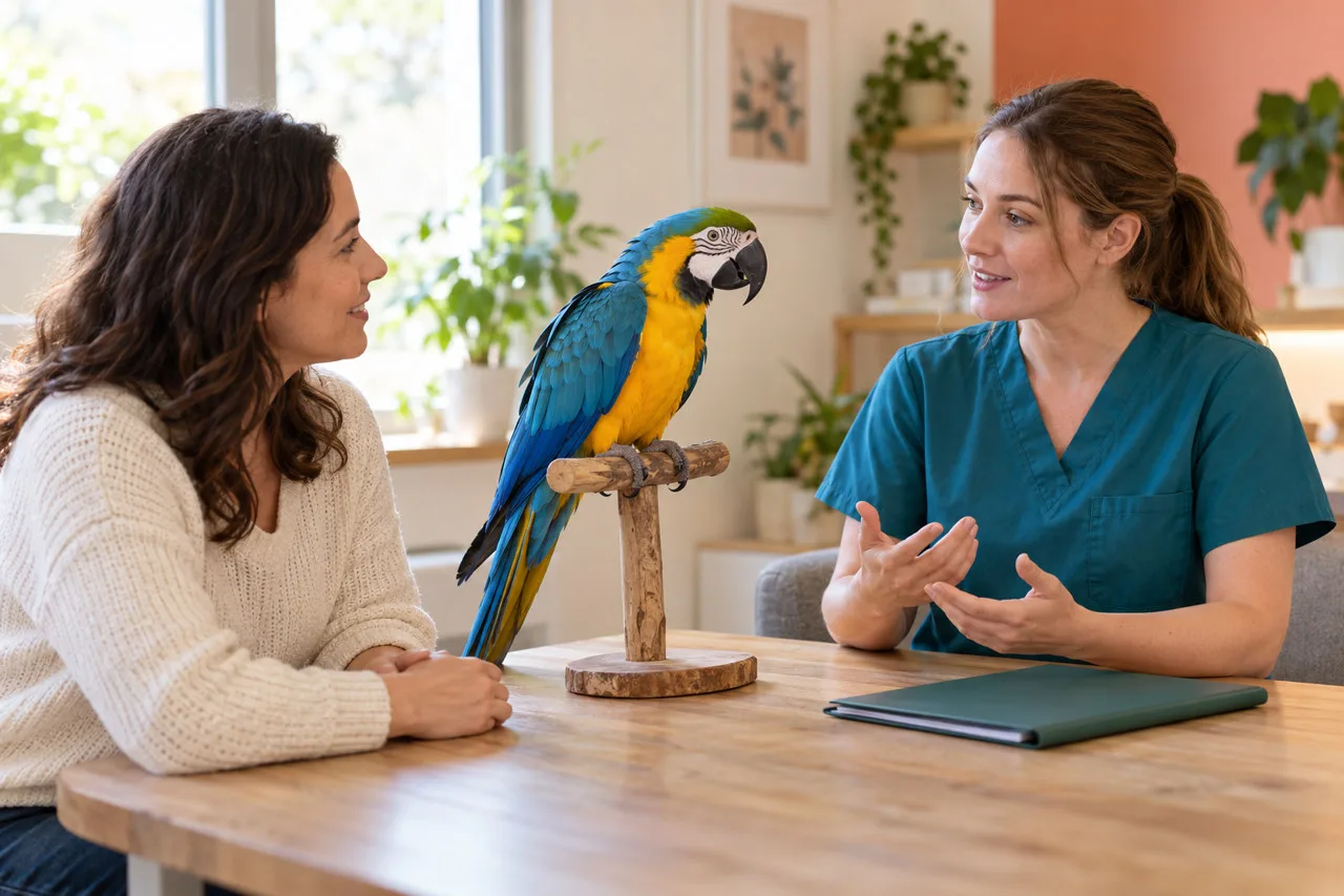 Owner and veterinary professional discussing a folder beside a macaw