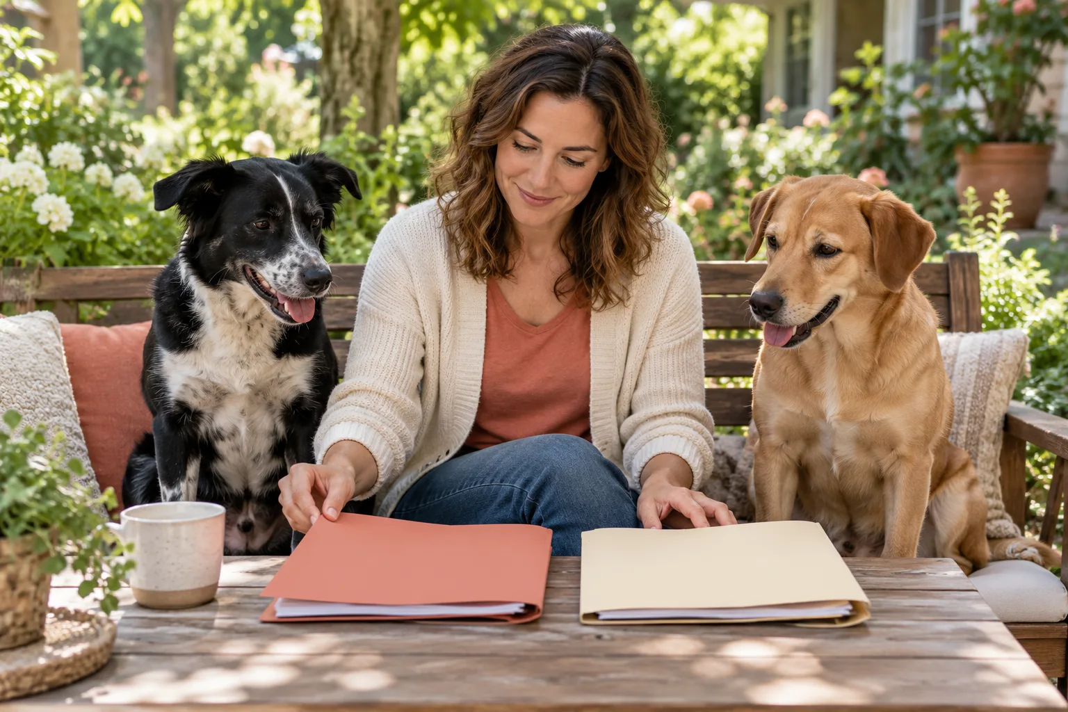 Owner sitting with two dogs in a garden with open folders on a low table